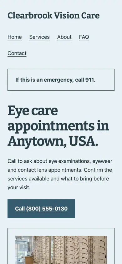Look 2, Neighborhood eyewear window: sample home page on a phone