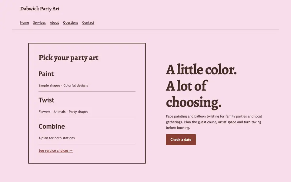 Look 2, Party design menu: sample home page on a computer