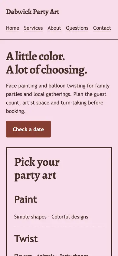 Look 2, Party design menu: sample home page on a phone
