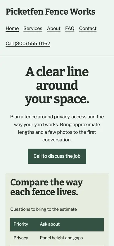Look 3, Fence comparison: sample home page on a phone