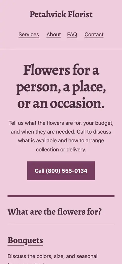 Look 1, Bouquet leaflet: sample home page on a phone