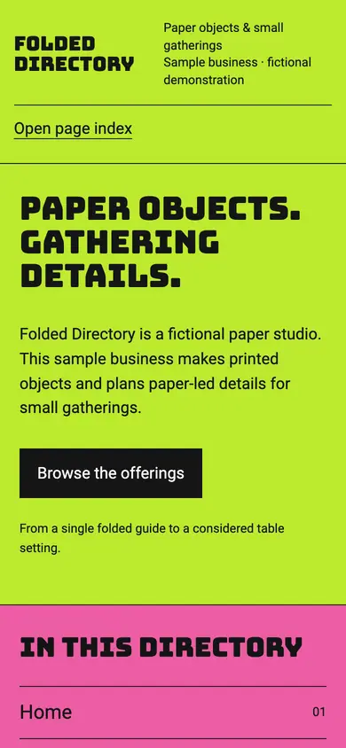 Look 1, Folded Directory: sample home page on a phone
