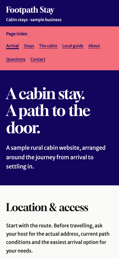 Look 1, Footpath Stay: sample home page on a phone