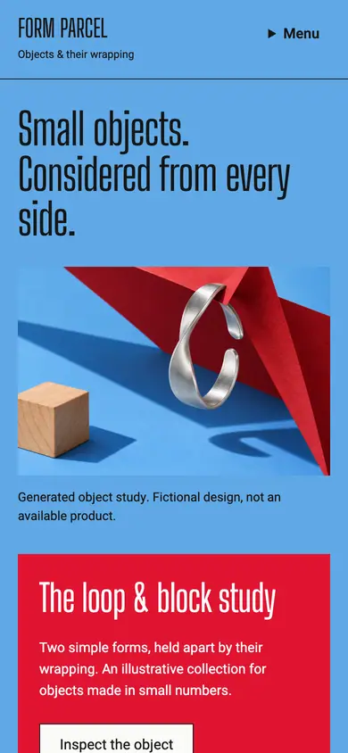Look 1, Form Parcel: sample home page on a phone