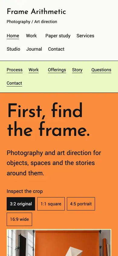 Look 1, Frame Arithmetic: sample home page on a phone