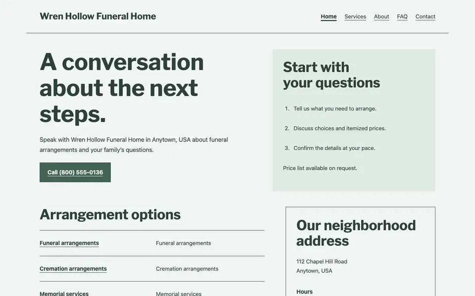Look 2, Funeral arrangement desk: sample home page on a computer