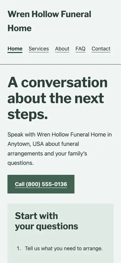 Look 2, Funeral arrangement desk: sample home page on a phone