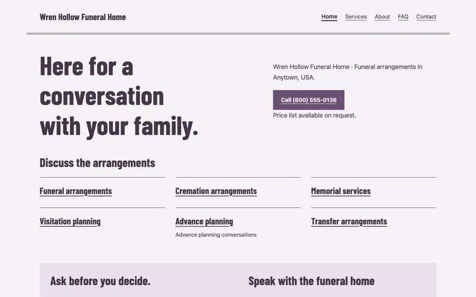 Look 3, Community funeral-home notice: sample home page on a computer