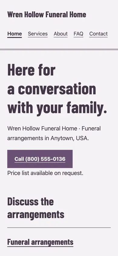 Look 3, Community funeral-home notice: sample home page on a phone