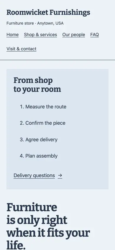 Look 3, Furniture delivery checklist: sample home page on a phone