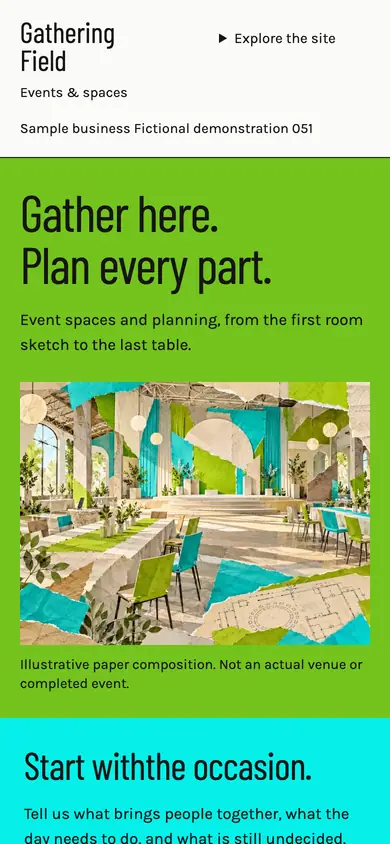 Look 1, Gathering Field: sample home page on a phone