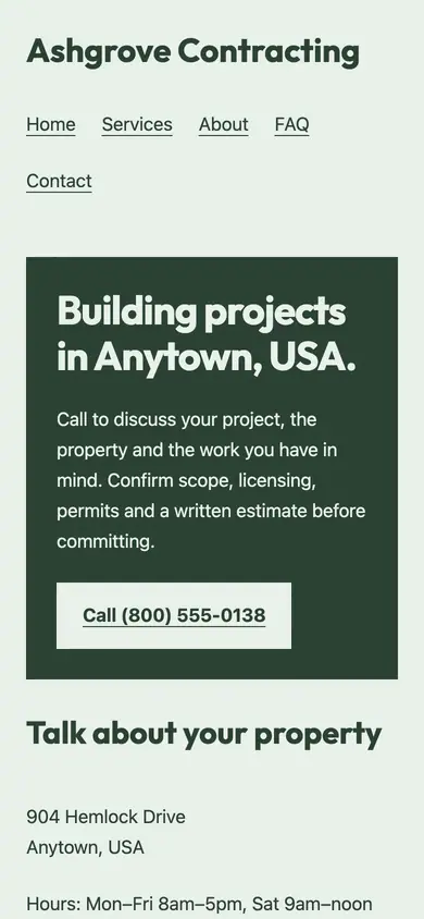Look 2, Contractor storefront sign: sample home page on a phone