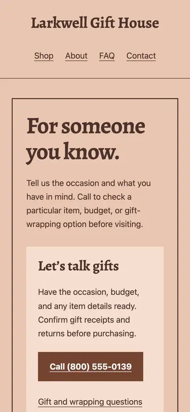 Look 1, Keepsake order card: sample home page on a phone