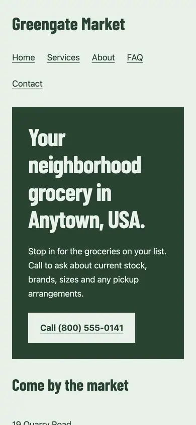 Look 1, Corner market window: sample home page on a phone