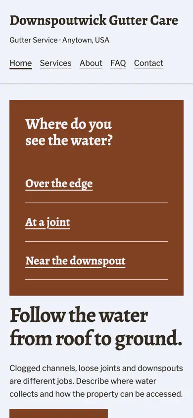 Look 2, Downspout trouble spots: sample home page on a phone