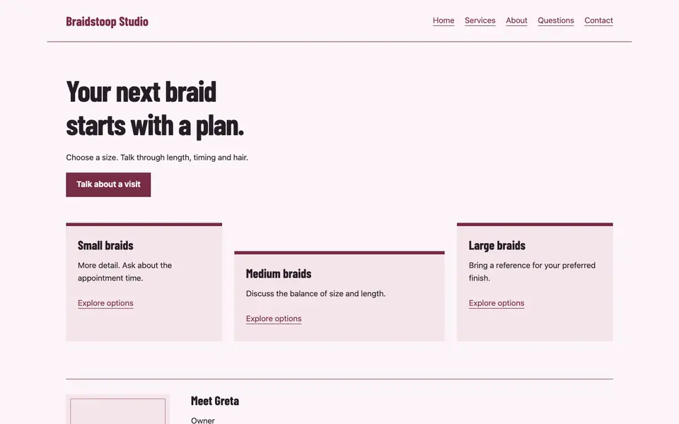 Look 1, Braid-size consultation: sample home page on a computer