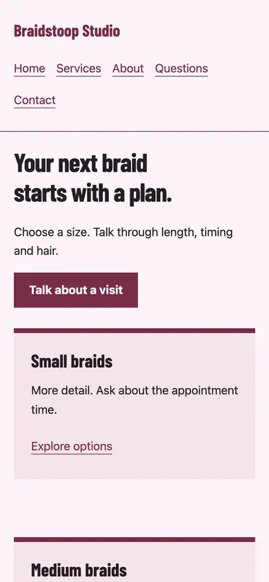 Look 1, Braid-size consultation: sample home page on a phone