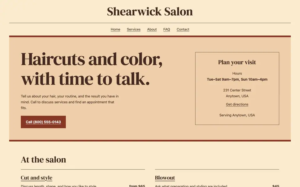 Look 1, Corner salon lettering: sample home page on a computer
