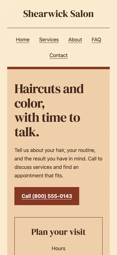 Look 1, Corner salon lettering: sample home page on a phone