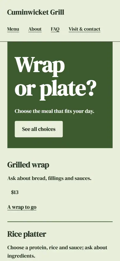 Look 3, Wrap or plate counter: sample home page on a phone