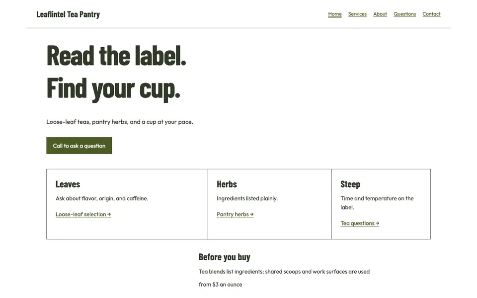 Look 1, Loose leaf ingredient drawers: sample home page on a computer