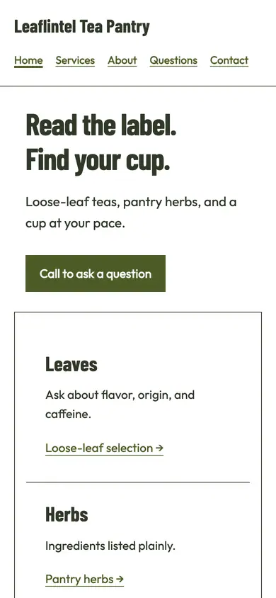 Look 1, Loose leaf ingredient drawers: sample home page on a phone