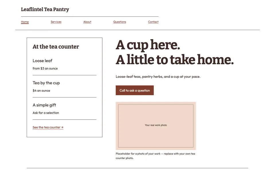 Look 2, Tea counter menu: sample home page on a computer