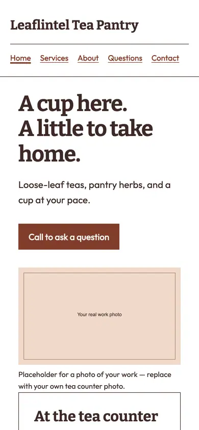 Look 2, Tea counter menu: sample home page on a phone