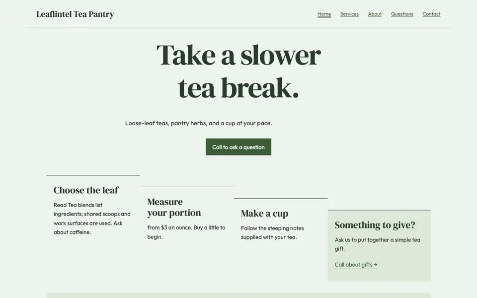 Look 3, Tea steeping foldout: sample home page on a computer