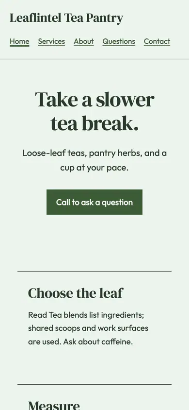 Look 3, Tea steeping foldout: sample home page on a phone