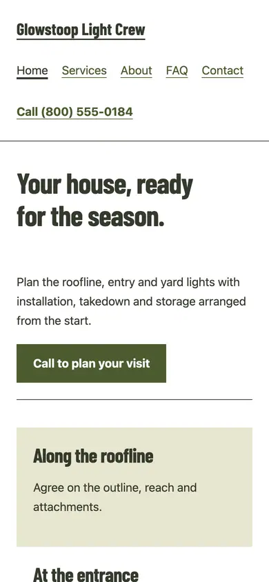 Look 1, The roofline-to-yard plan: sample home page on a phone