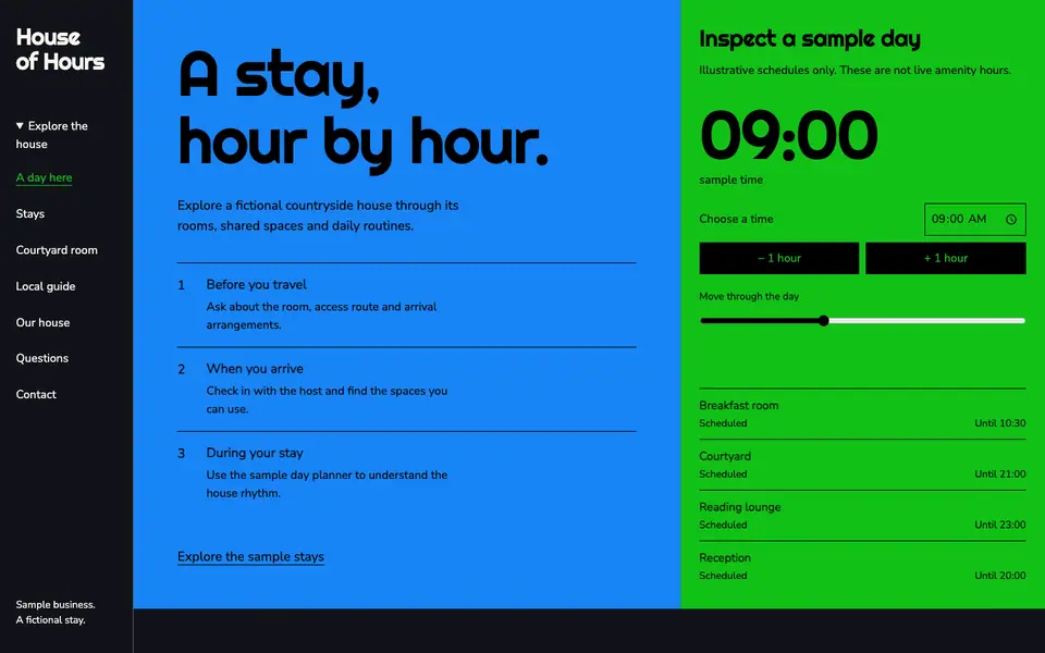 Look 1, House of Hours: sample home page on a computer