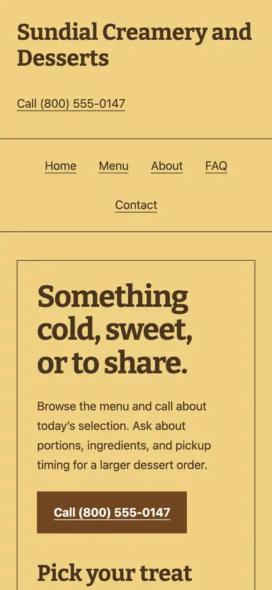 Look 3, Dessert takeout slip: sample home page on a phone