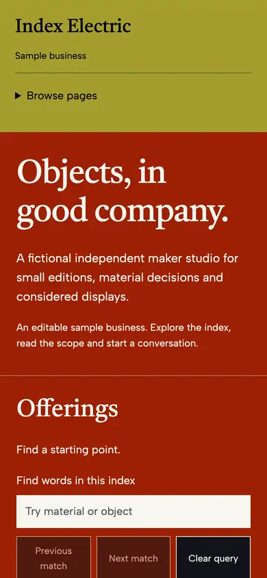 Look 1, Index Electric: sample home page on a phone