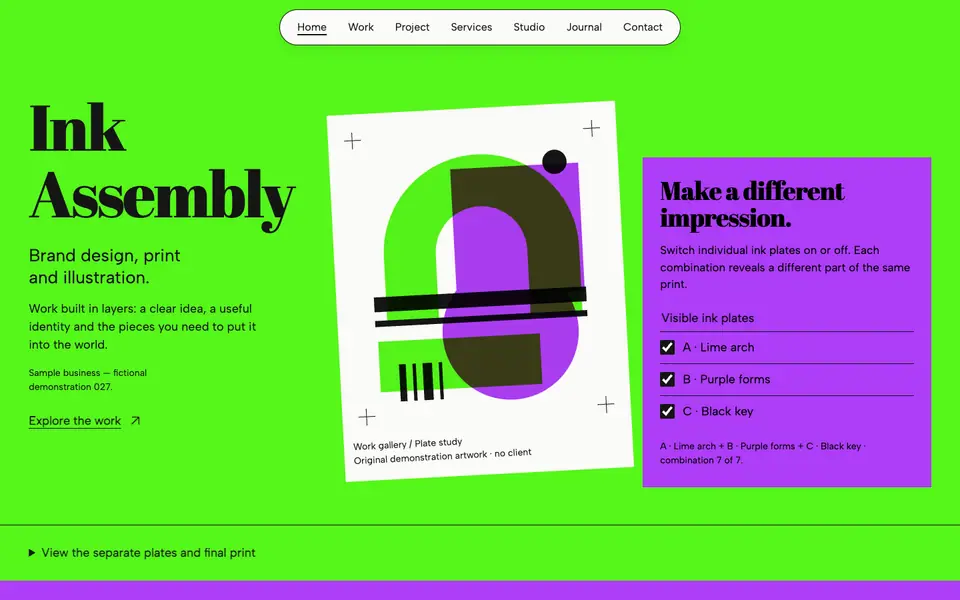 Look 1, Ink Assembly: sample home page on a computer