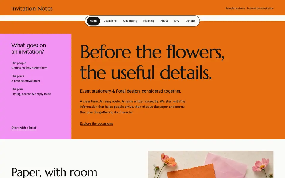 Look 1, Invitation Notes: sample home page on a computer