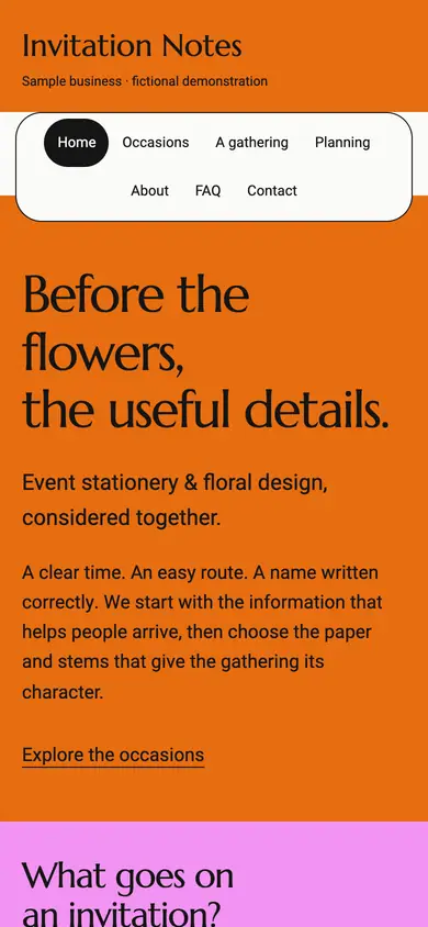 Look 1, Invitation Notes: sample home page on a phone