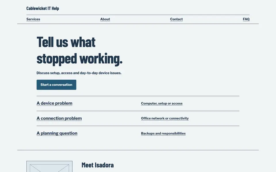 Look 2, Issue triage desk: sample home page on a computer