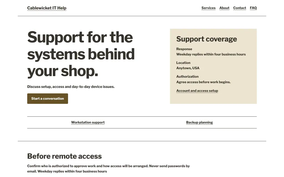 Look 3, Support coverage schedule: sample home page on a computer