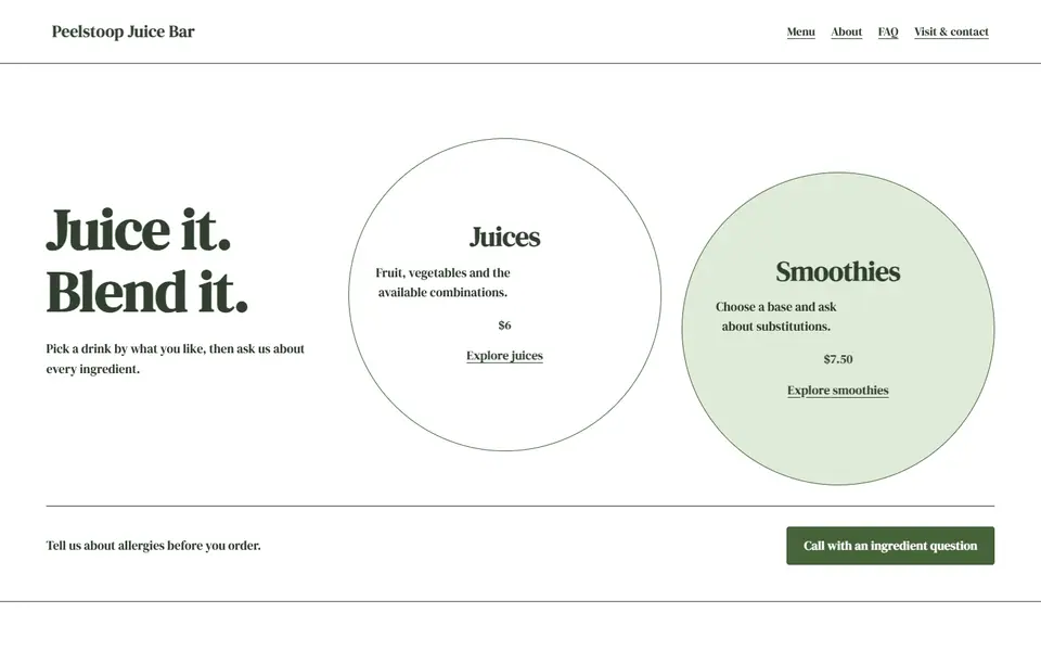 Look 2, Juice or blended menu: sample home page on a computer