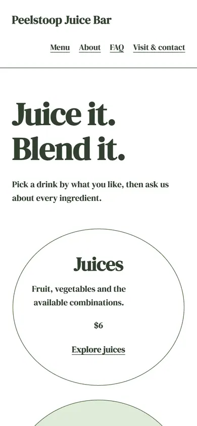 Look 2, Juice or blended menu: sample home page on a phone