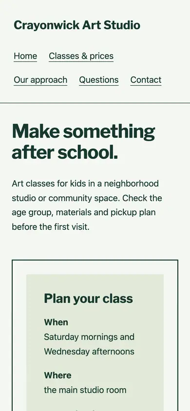 Look 3, Class project folio: sample home page on a phone