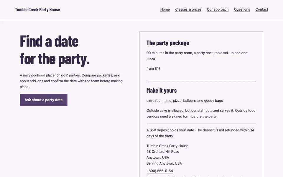 Look 1, Party package menu: sample home page on a computer