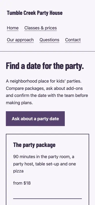 Look 1, Party package menu: sample home page on a phone
