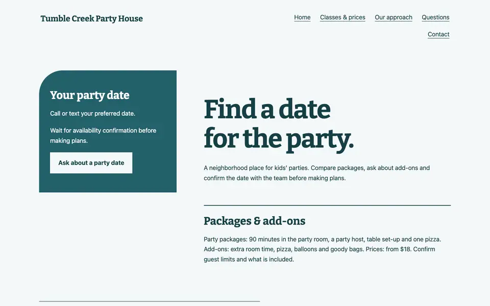 Look 2, Reserve the party date: sample home page on a computer