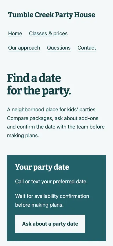 Look 2, Reserve the party date: sample home page on a phone
