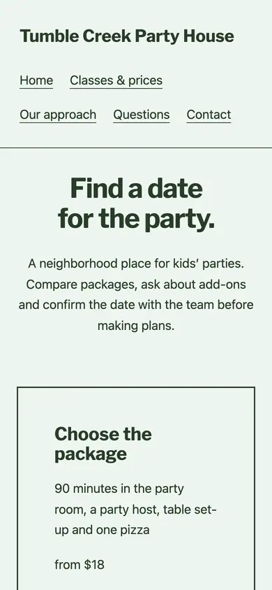 Look 3, Party planning placemat: sample home page on a phone
