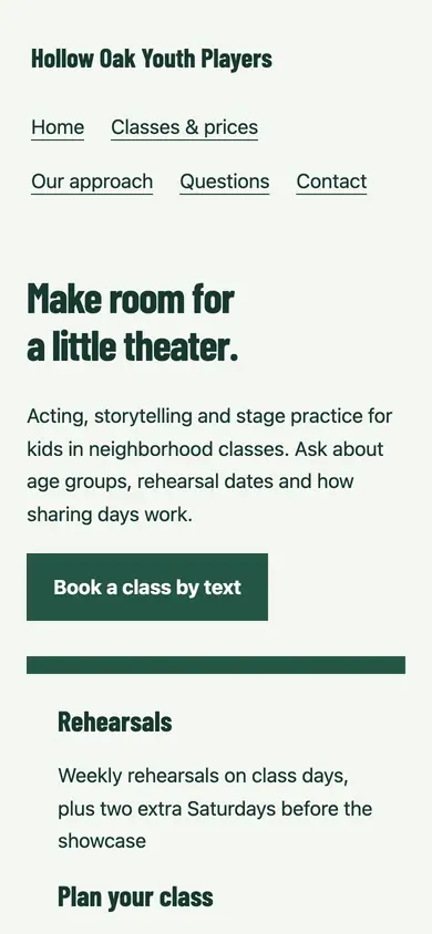 Look 1, Rehearsal call sheet: sample home page on a phone