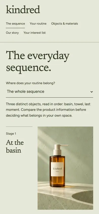 Look 1, Kindred: sample home page on a phone