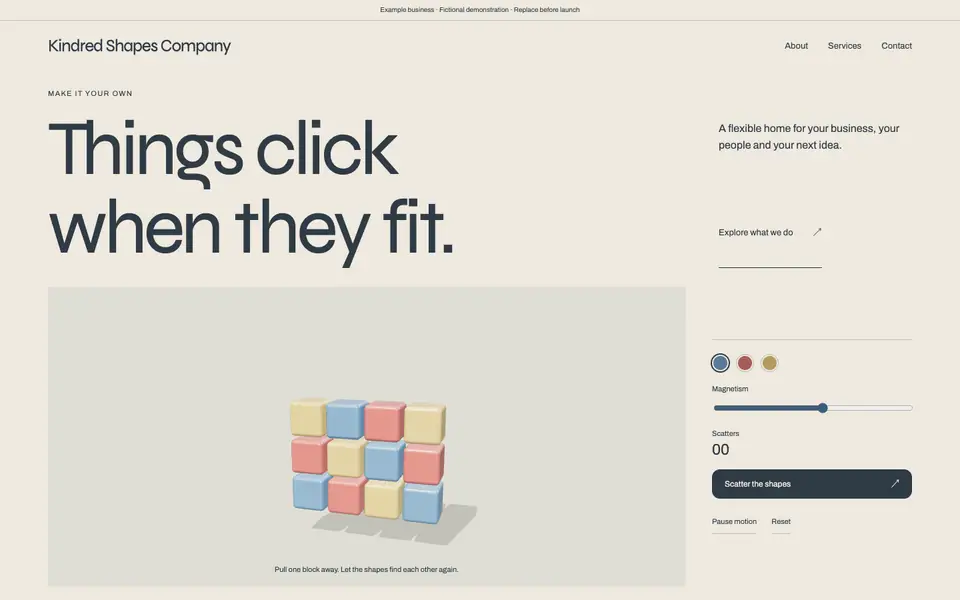 Look 1, Kindred Shapes: sample home page on a computer